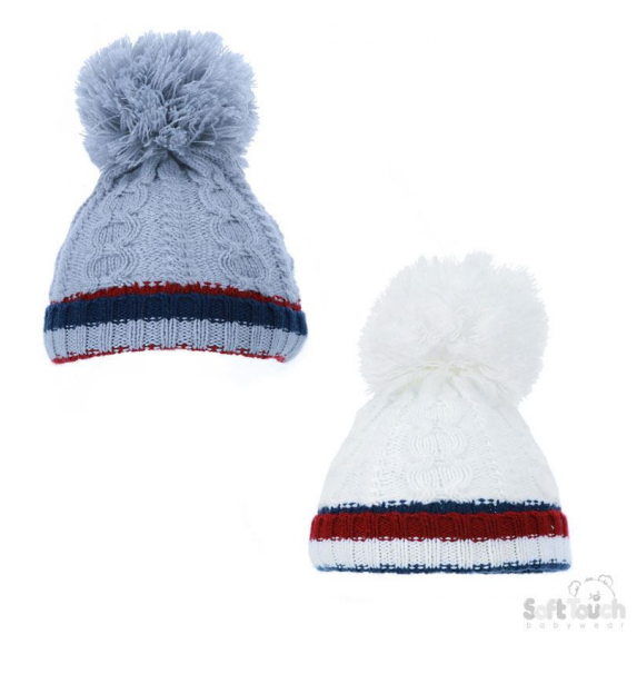 Boys Cable Hat W/Striped T/O & Pom Pom No. H504-SM