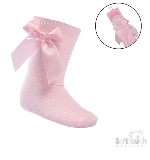 Pink 'Adorable' Knee Length Socks w/Satin Bow : S141-p 0-24mths