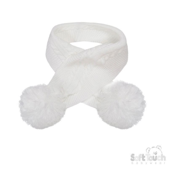 White 'Elegance' Cable Knit Scarf w/Pom Poms : SC12-W