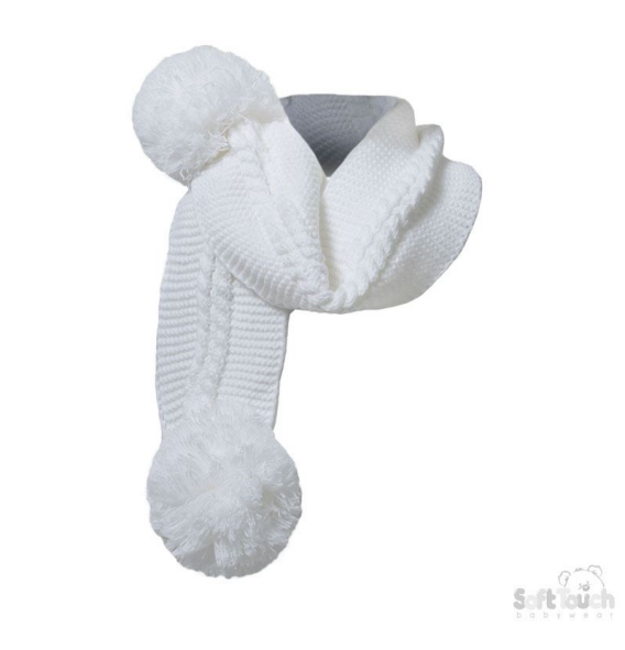 White Plain/Striped Scarf W/Pom Poms No. SC02-W-SM