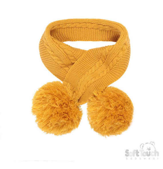 Mustard 'Elegance' Cable Knit Scarf w/Pom Poms : SC12-M