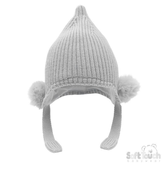 Grey Chenille Knit Hat w/Faux Fur Pom Poms (NB-12 Months) H642-G-SM