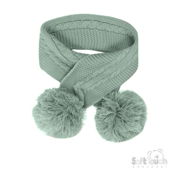 Sage Green 'Elegance' Cable Knit Scarf w/Pom Poms : SC12-SG
