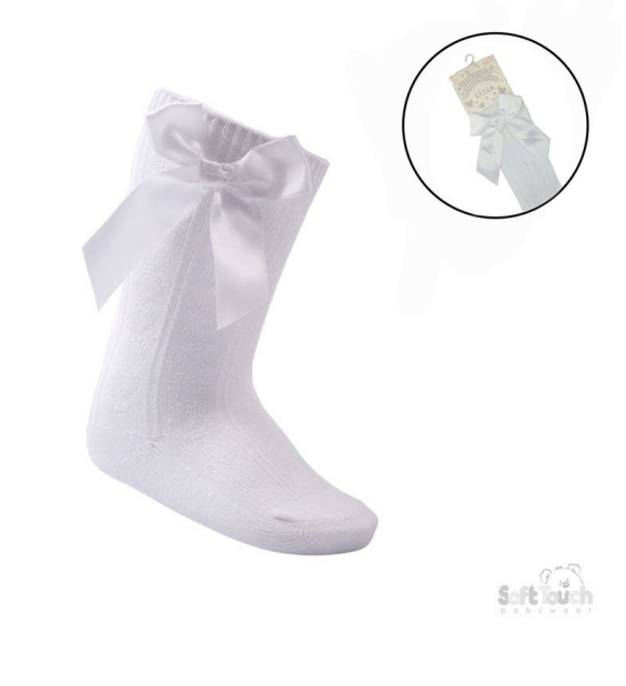 White 'Adorable' Knee Length Socks w/Satin Bow : S141-W-0-6