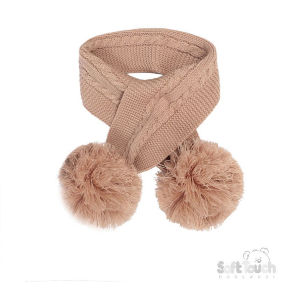Coffee 'Elegance' Cable Knit Scarf w/Pom Poms : SC12-COF