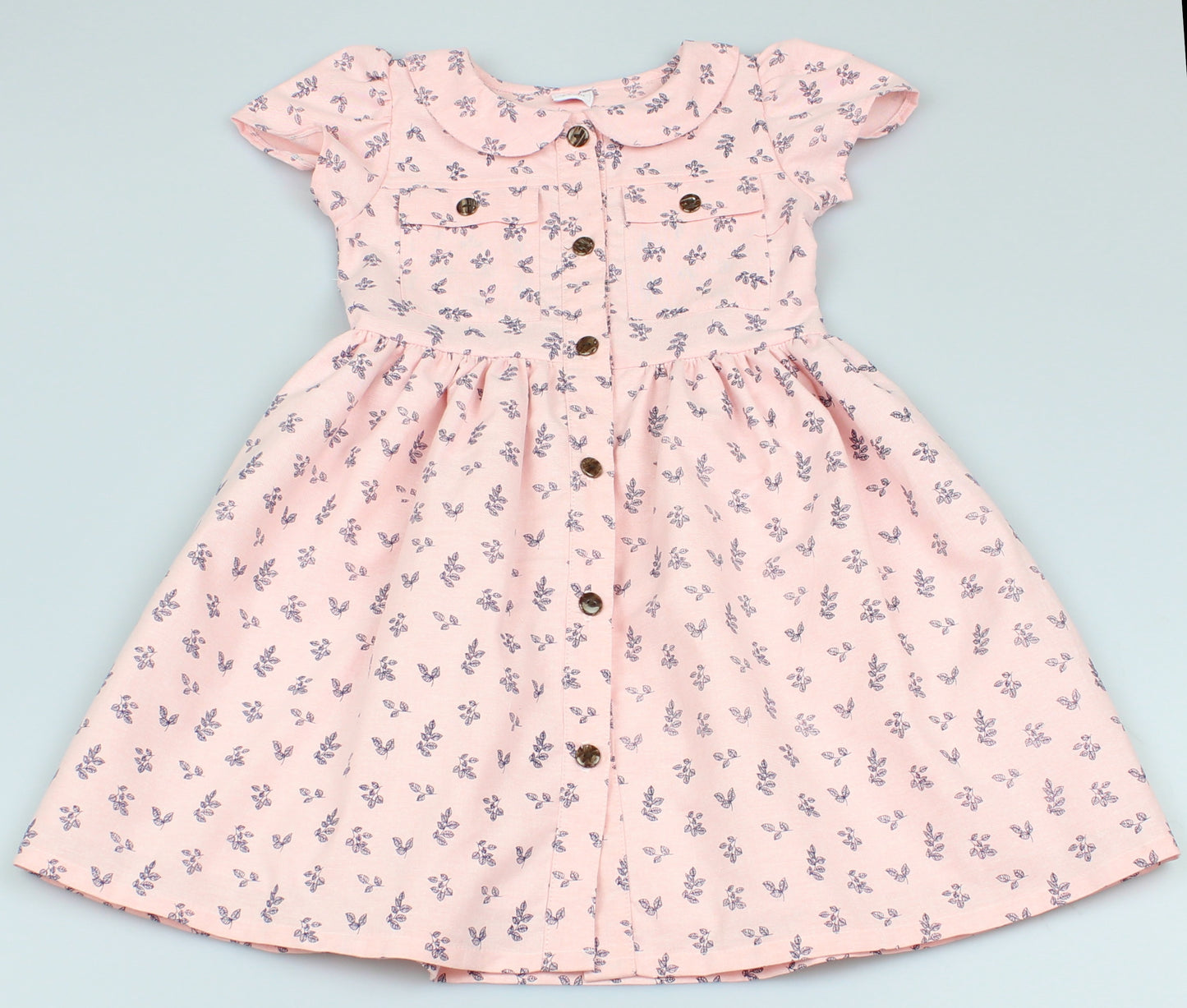 Girls All Over Print Pink/Navy Leaves Dress (3-8 Years0)-GF5035