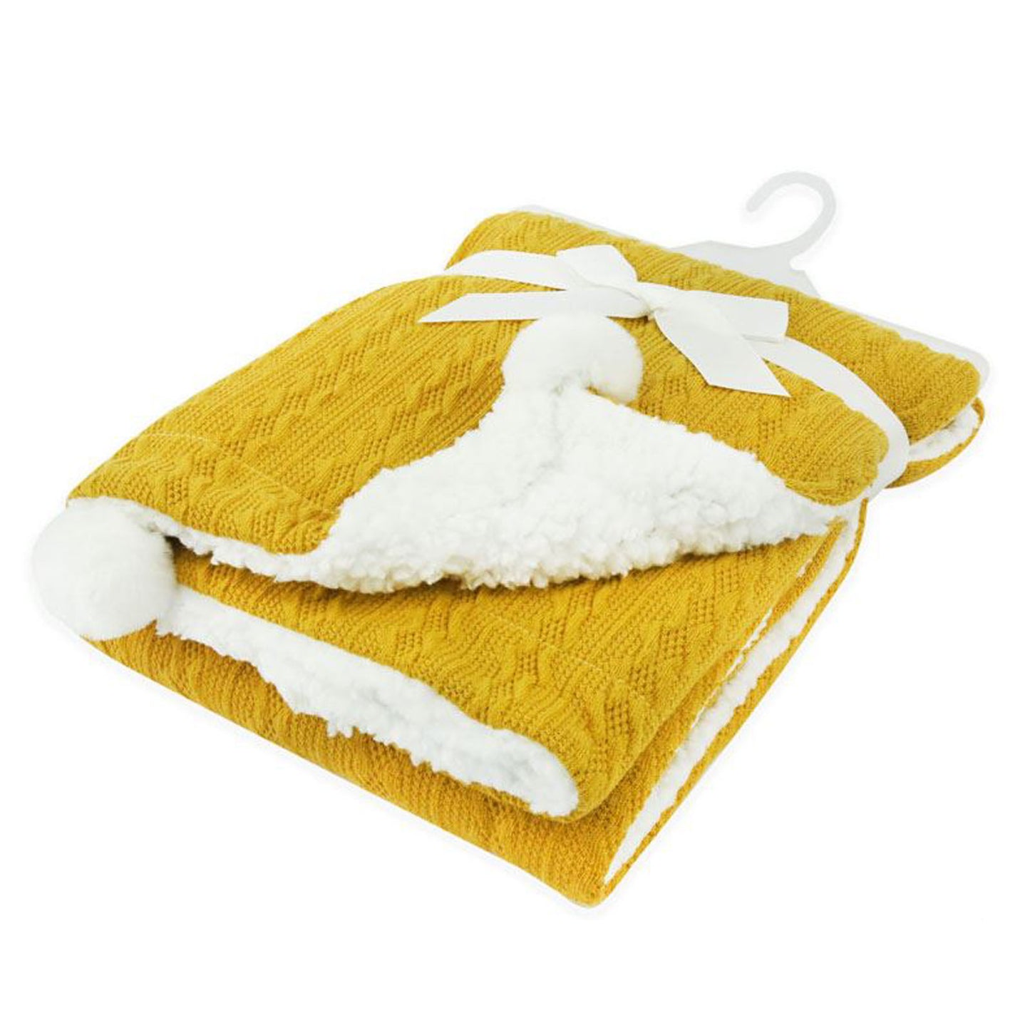 MUSTARD CABLE KNIT WRAP W/POM POM : FBP188-M