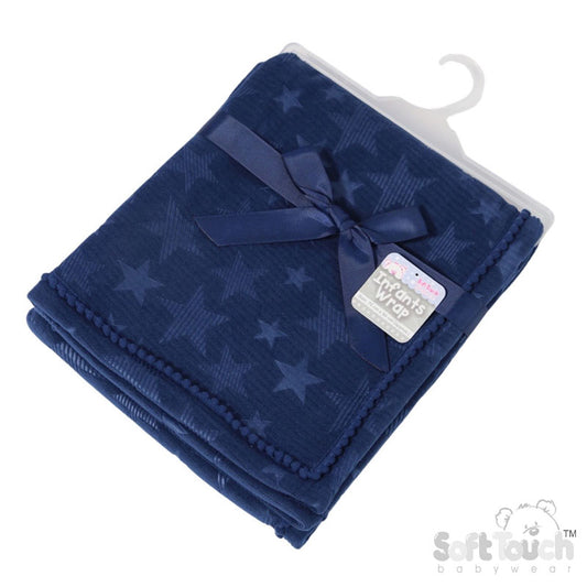 Navy Star Embossed Mink Wrap W/Pom Pom Trim FBP230-N