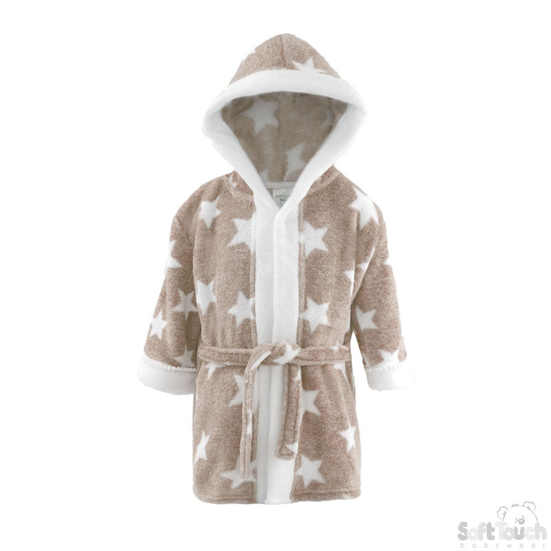 BROWN 'STAR' PRINTED CORAL HOODED ROBE WITH WHITE TRIM-4FBR40-BRP