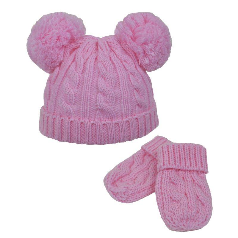 Cable Knit Pom Pom hat/mitten set- (0-6m) H495-PB - Kidswholesale.co.uk