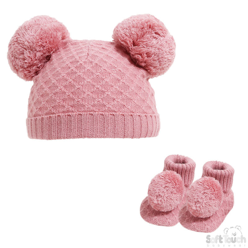 Rose Gold Pom Pom Hat & Bootee Set : H610-RO-SM