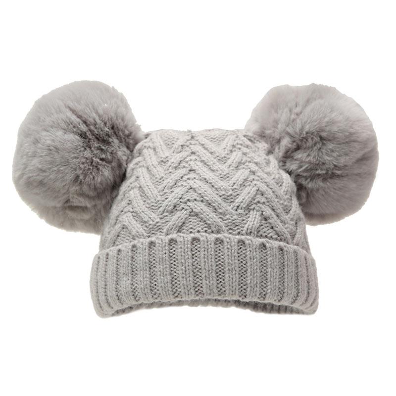 Grey 'Chevron' Knit Double Pom Pom Hat w/Cotton Lining (0-6 Months) H630-G-SM - Kidswholesale.co.uk
