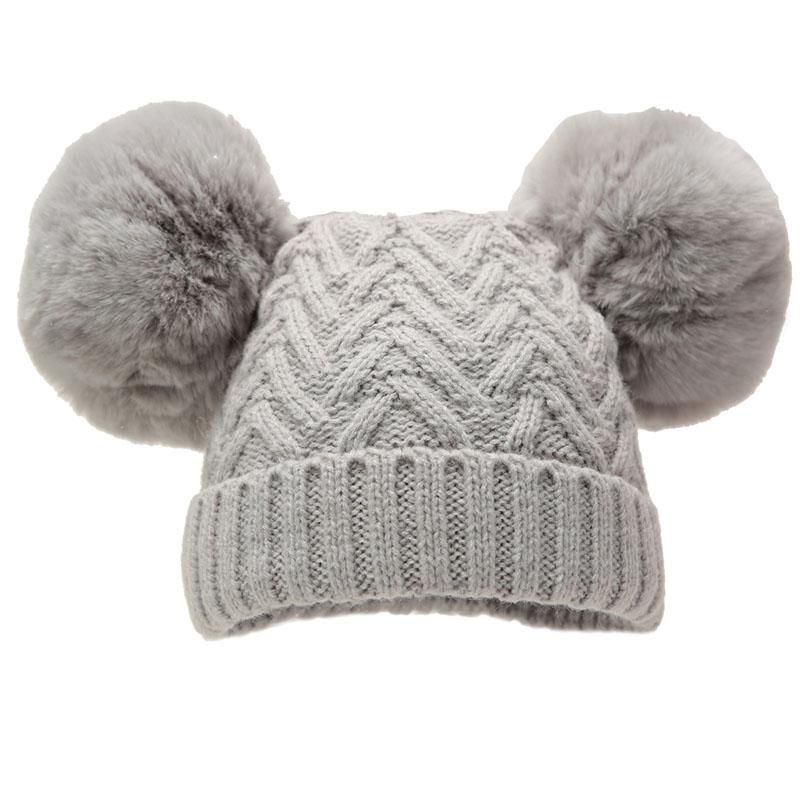 Grey 'Chevron' Knit Double Pom Pom Hat w/Cotton Lining (6-18 Months) H632-G-MED - Kidswholesale.co.uk