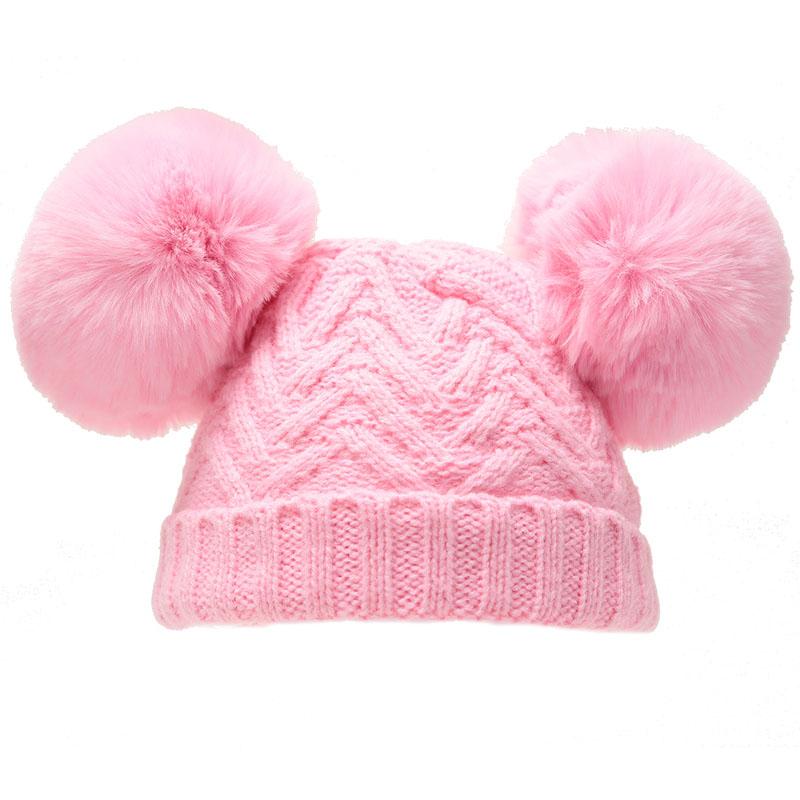 Pink 'Chevron' Knit Double Pom Pom Hat w/Cotton Lining (6-18 Months) H632-P-MED - Kidswholesale.co.uk