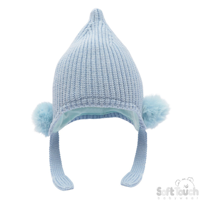 Blue Chenille Knit Hat w/Faux Fur Pom Poms (NB-12 Months) H642-B-SM