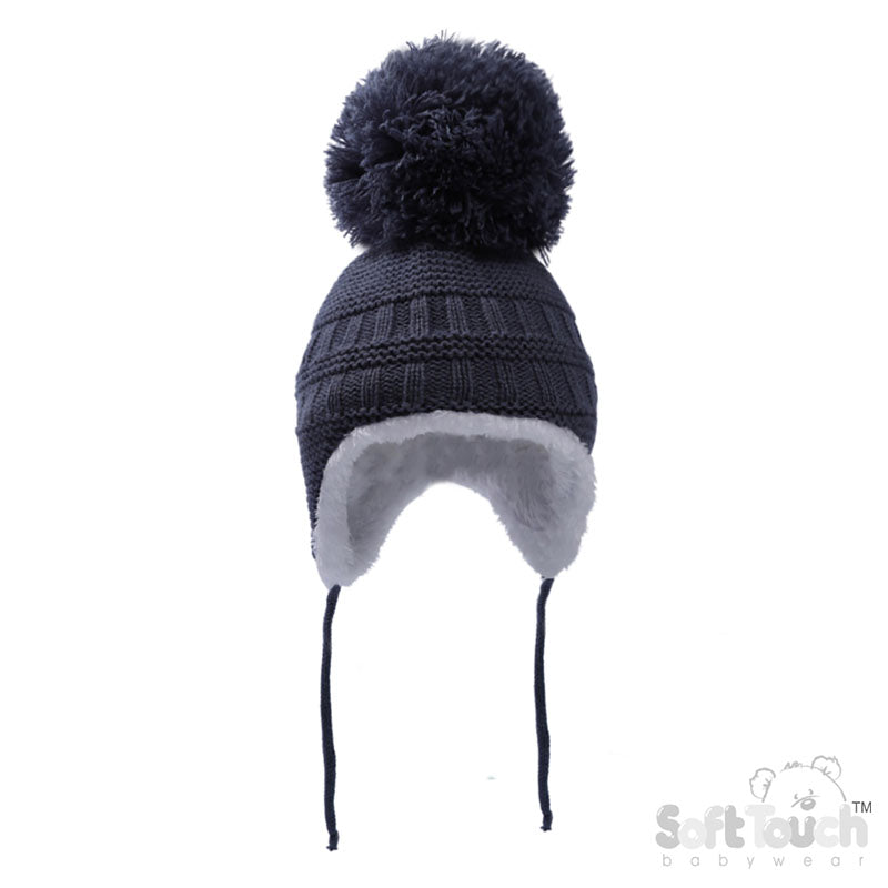 WHITE, STEEL BUE, DUSTY PINK KNITTED HAT W/POM POM, STRING & SHERPA LINING (NB-12 Months) H644-SM