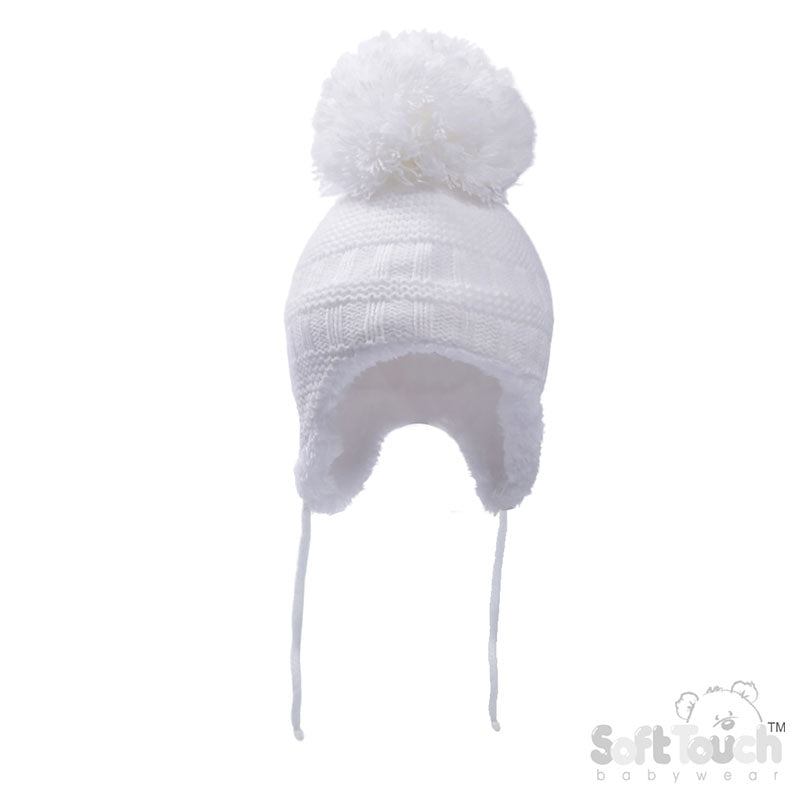 WHITE, STEEL BUE, DUSTY PINK KNITTED HAT W/POM POM, STRING & SHERPA LINING (NB-12 Months) H644-SM