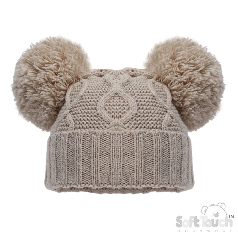 Biscuit 'Chain' Knit Hat W/2 Pom Pom (NB-12m) (PK6) H660-BI