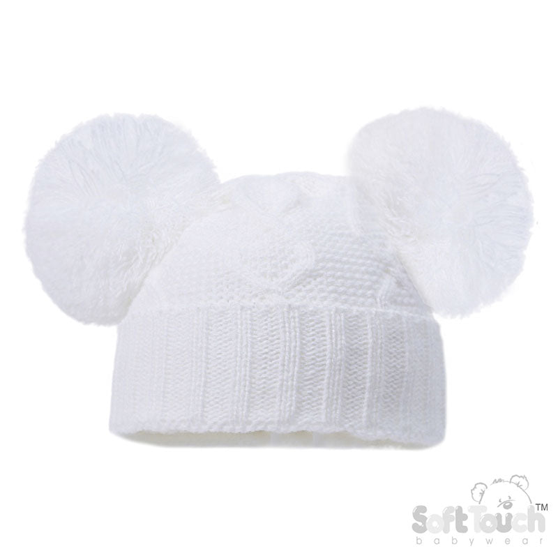White 'Chain' Knit Hat W/2 Pom Pom (NB-12m) (PK6) H660-W