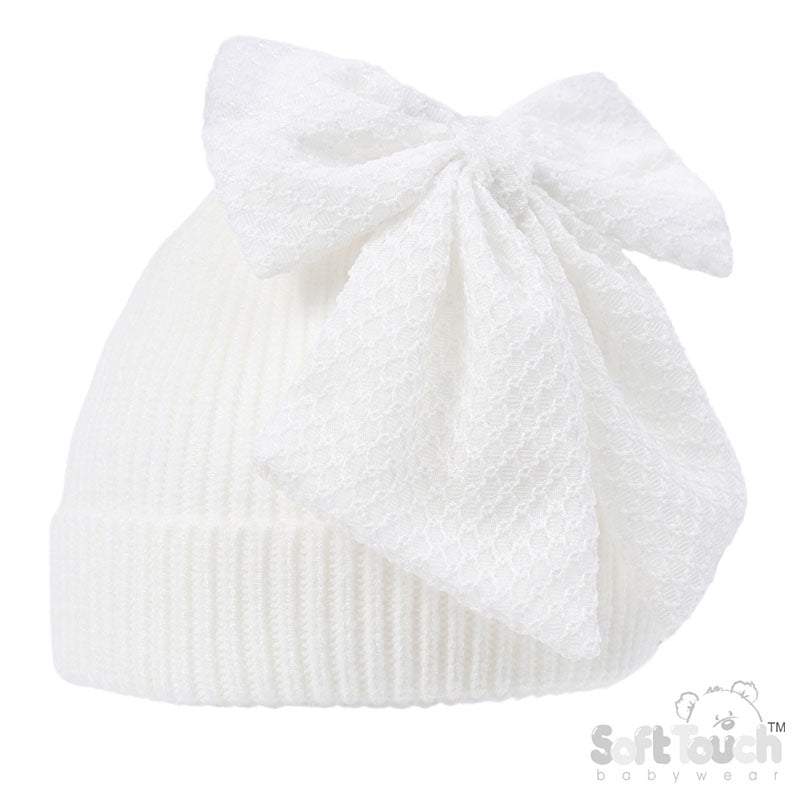 WHITE CHENILLE RIBBED HAT WITH/LARGE TURNOVER & BOW (NB-12m) (PK6) H668W