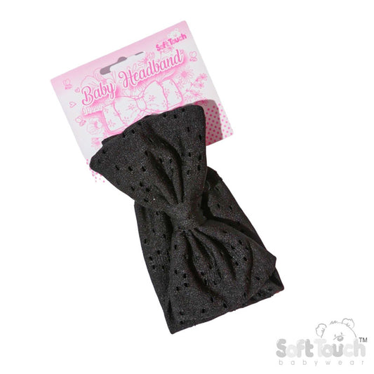 Black Broderie Anglaise Headban - Large Bow (PK12) HB102-BLK