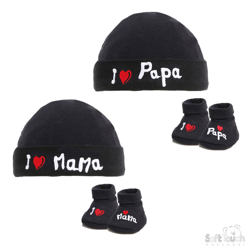 BLACK BABY HAT & BOOTEE SET - I LOVE M/D (NB-3 MONTHS) HB30-BLK