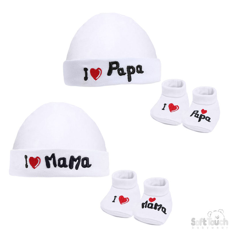 WHITE BABY HAT & BOOTEE SET - I LOVE M/D (NB-3 MONTHS) HB30-W