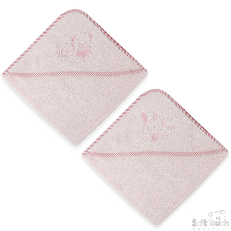Pink Hooded Robe W/Stripped Binding & Puppy/Bear Embroidery-Ht60-P