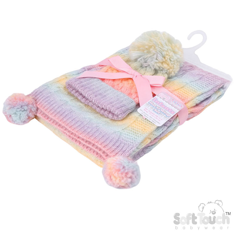 MULTI COLOURED CABLE HAT AND WRAP SET (NB-12m) (PK1) HW05P