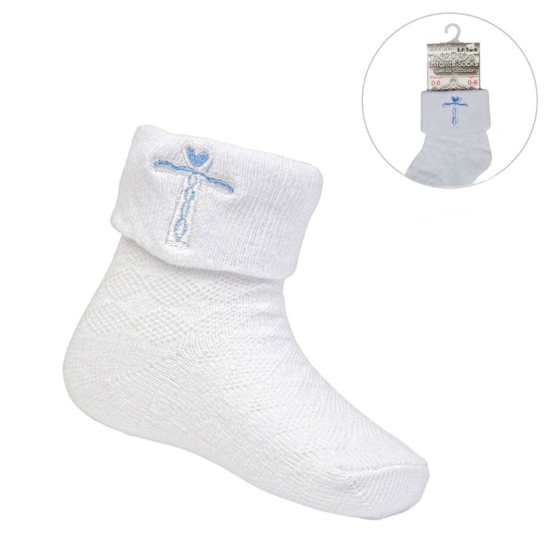 WHITE ANKLE SOCKS W/CROSS EMBROIDERY (0-12 Months) (PK12) S11-B