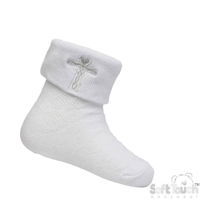 WHITE ANKLE SOCKS W/CROSS EMBROIDERY (0-12 Months) (PK12) S11-W
