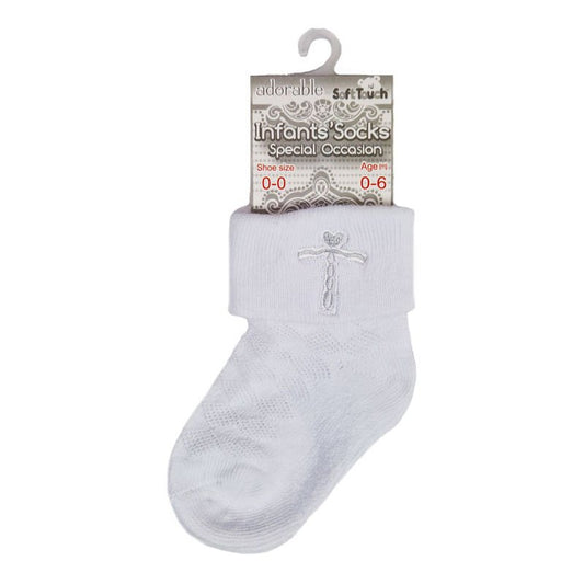 WHITE ANKLE SOCKS W/CROSS EMBROIDERY (0-12 Months) (PK12) S11-W