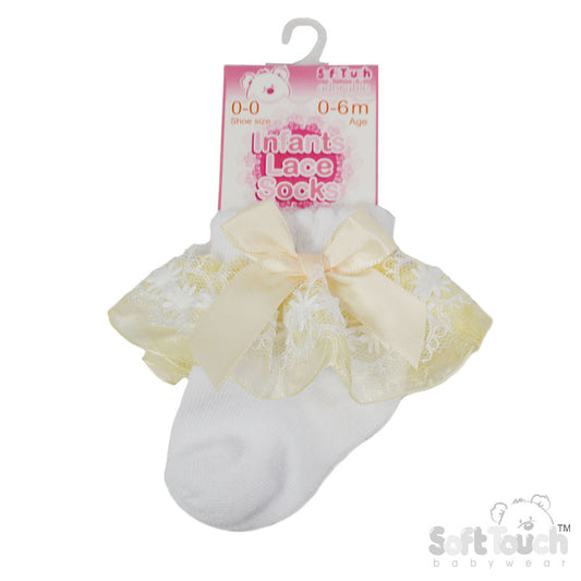 WHITE SOCK W/LEMON ORGANZA LACE & BOW (NB-18 Months) S115-WL