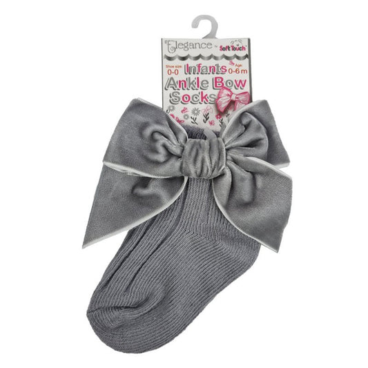GREY RIBBED ANKLE SOCKS W/LARGE VELVET BOW (0-24 Months) (PK12) S126-G