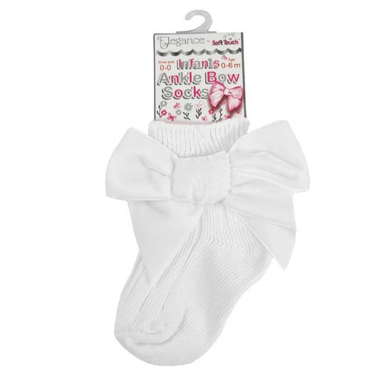 WHITE RIBBED ANKLE SOCKS W/LARGE VELVET BOW (0-24 Months) (PK12) S126-W
