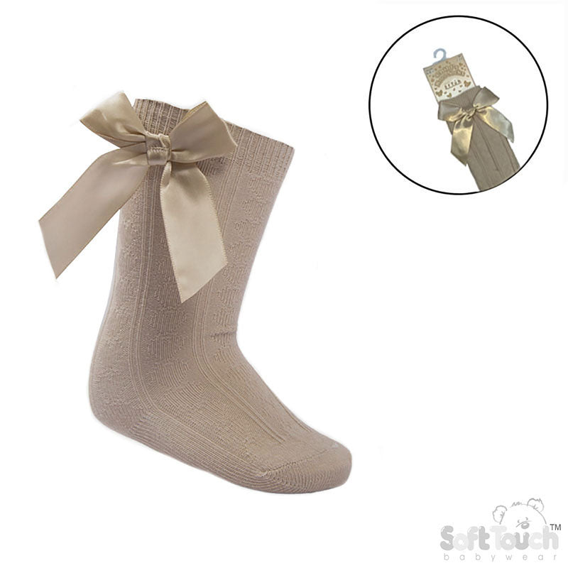 Beige Children's 'Adorable' Knee Length Socks w/Satin Bow : (2-9 Yrs)S151-BE