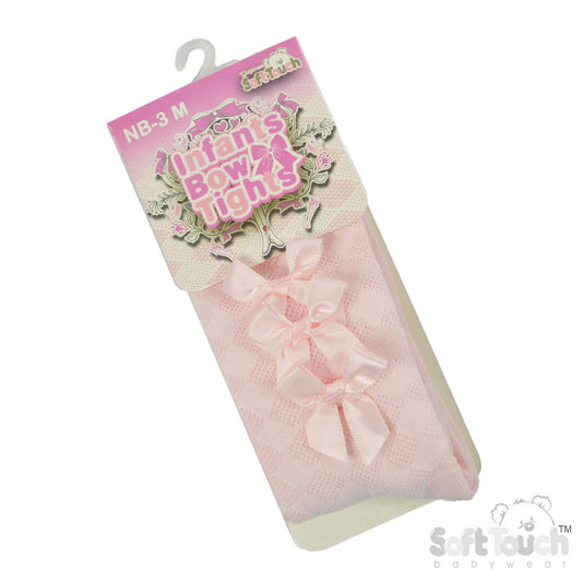 BABY PINK DIAMOND JAQUARD TIGHTS W/3 SMALL BOW (NB-24 MONTHS) T124-BP