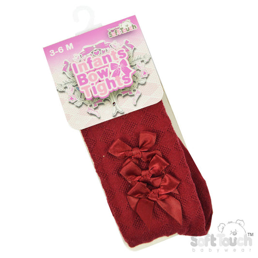 BURGUNDY DIAMOND JAQUARD TIGHTS W/3 BOWS (NB-24 MONTHS) T124-BU