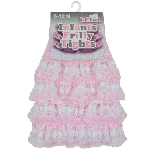 PINK RIBBED TIGHTS W/FRILL (NB-18 Months) T126-P - Kidswholesale.co.uk