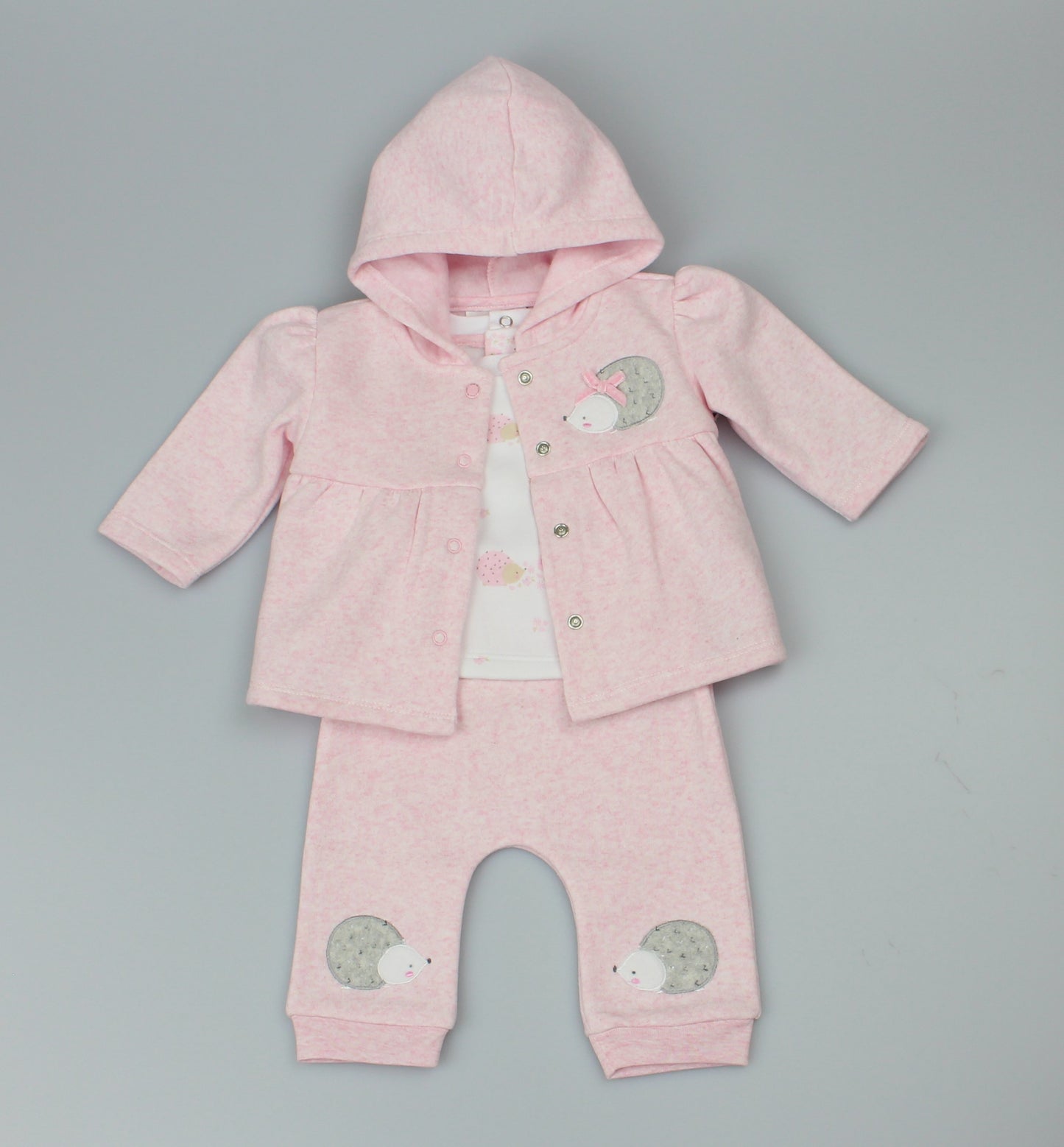 Baby Girls 3pc Pink Marl Fleece Hooded Jacket All Over Print Top & Trouser Forest Friends-WF1716