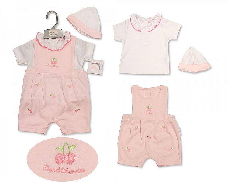 Baby Girls Box Dungaree Set with Hat - Sweet Cherries (BIS-2099-2206) - Kidswholesale.co.uk