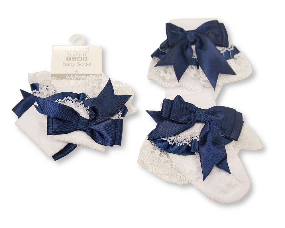 Baby Socks With Lace and Bow - Navy (0-18M) (PK6) BW 61-2220Navy