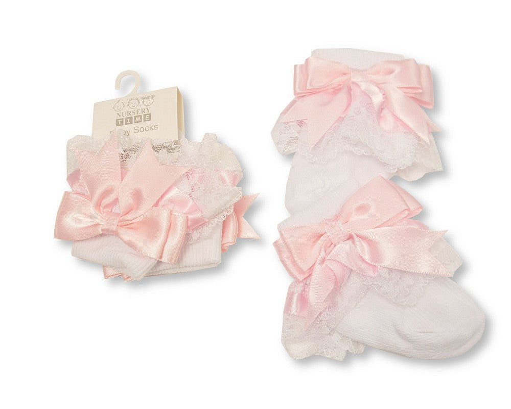 Baby Socks With Lace and Bow - Pink (0-18M) (PK6) BW 61-2220Pink