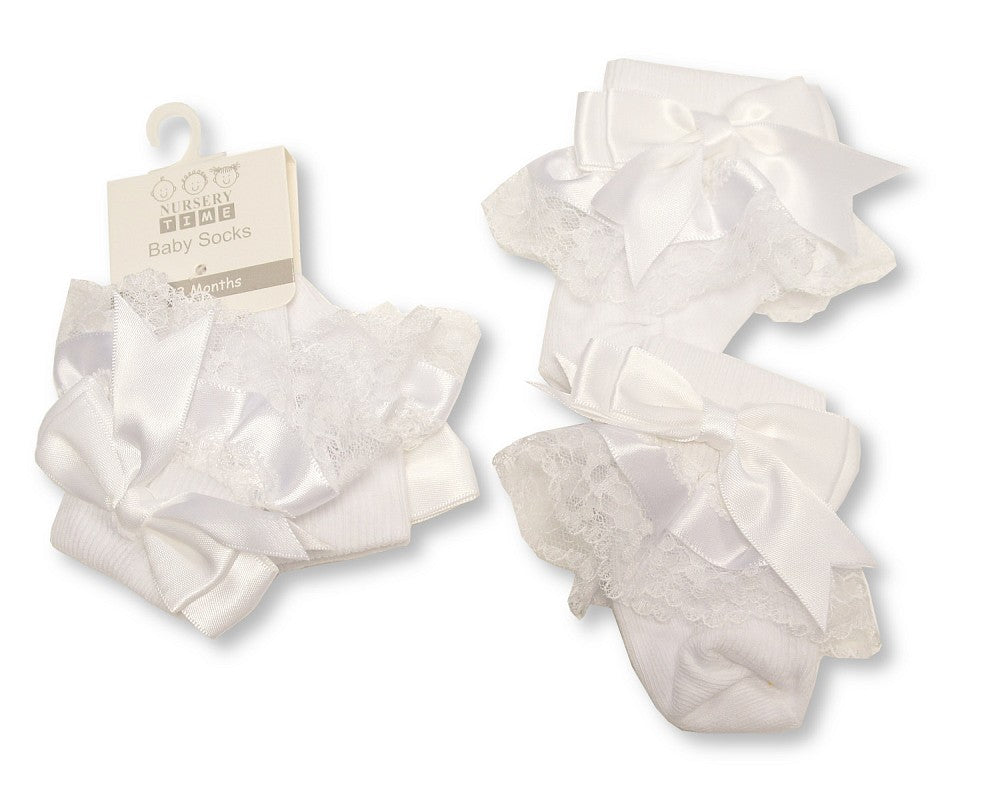 Baby Socks With Lace and Bow - White (0-18M) (PK6) BW 61-2220W