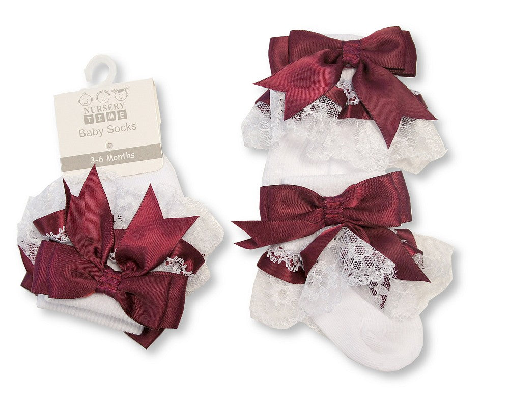 Baby Socks With Lace and Bow - Wine (0-18M) (PK6) BW 61-2220Wi