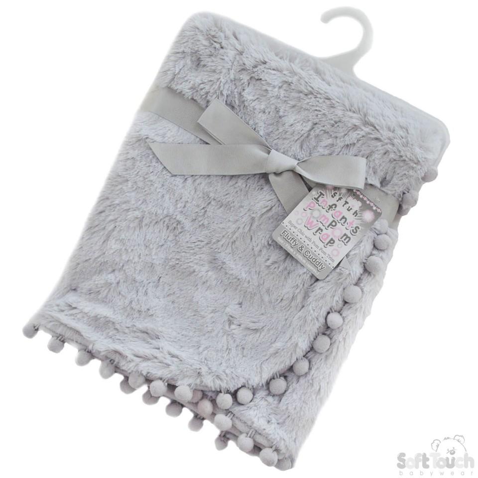 Grey High Pile Wrap W/Pom Pom Trim: FBP170-G - Kidswholesale.co.uk