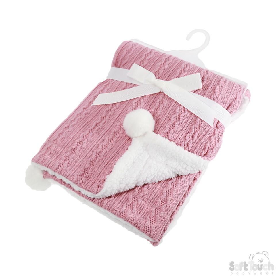 DUSTY PINK CABLE KNIT WRAP W/POM POM : FBP188-DP - Kidswholesale.co.uk