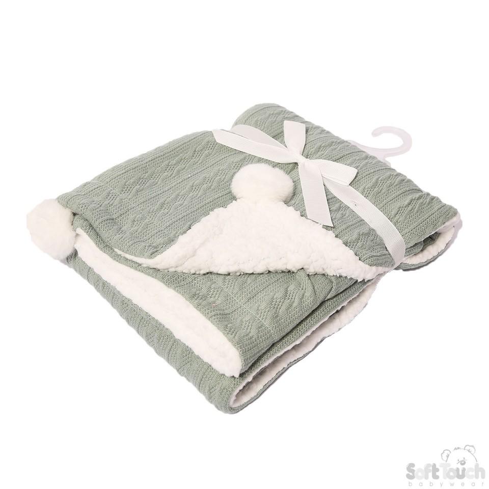 SAGE CABLE KNIT WRAP W/POM POM : FBP188-SG - Kidswholesale.co.uk