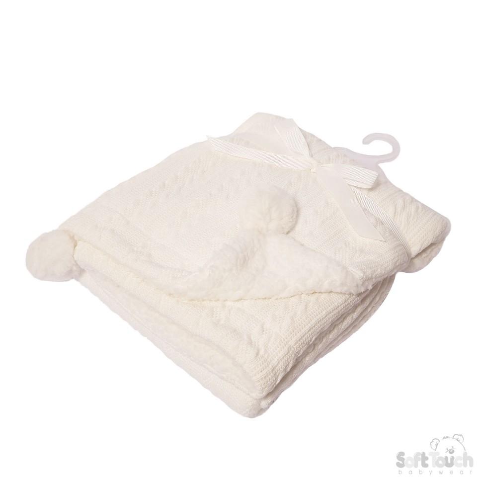 WHITE CABLE KNIT WRAP W/POM POM - FBP188-W - Kidswholesale.co.uk