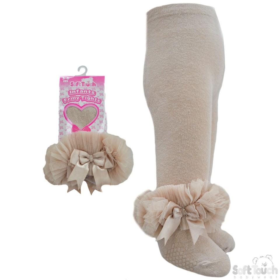 Beige Frilly Gift Tights W/Organza Lace & Bow - 0-12 Months (GT62-be) - Kidswholesale.co.uk
